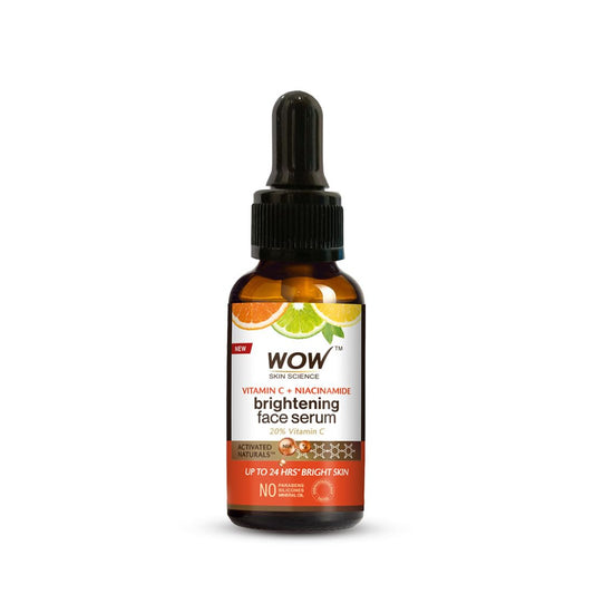 A 15 ml amber glass bottle of Sparkling Fusion WOW Skin Science Brightening 20% Vitamin C Face Serum features a black dropper cap and a label adorned with citrus fruits. It offers up to 24 hours of bright skin and collagen boost, helping to combat dark circles and fine lines while providing hydration.