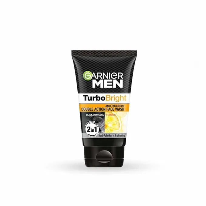 Garnier Men Turbo Bright Double Action Face Wash, Deep Cleansing Anti Pollution Face Wash with Charcoal and Vitamin C, Suitable for all Skin Types, 50g - Sparkling Fusion