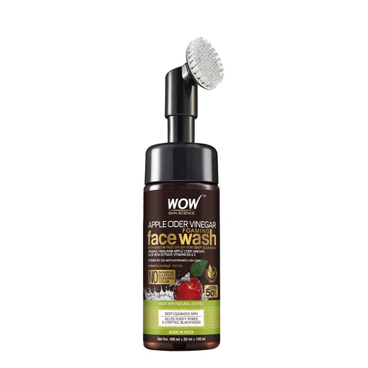 WOW Skin Science Apple Cider Vinegar Foaming Face Wash - with Organic Certified Himalayan Apple Cider Vinegar - No Parabens, Sulphate, Silicones & Color (with Built-in Brush),150ml - Sparkling Fusion