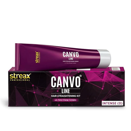 A boxed Sparkling Fusion Streax Professional Canvoline Hair Straightening Cream is displayed, featuring a purple tube of the product with Kera-Charge Complex prominently on top. The packaging showcases sleek, modern designs in shades of purple and black, emphasizing its ability to transform frizzy hair into a smooth and silky texture, suitable for all hair types.