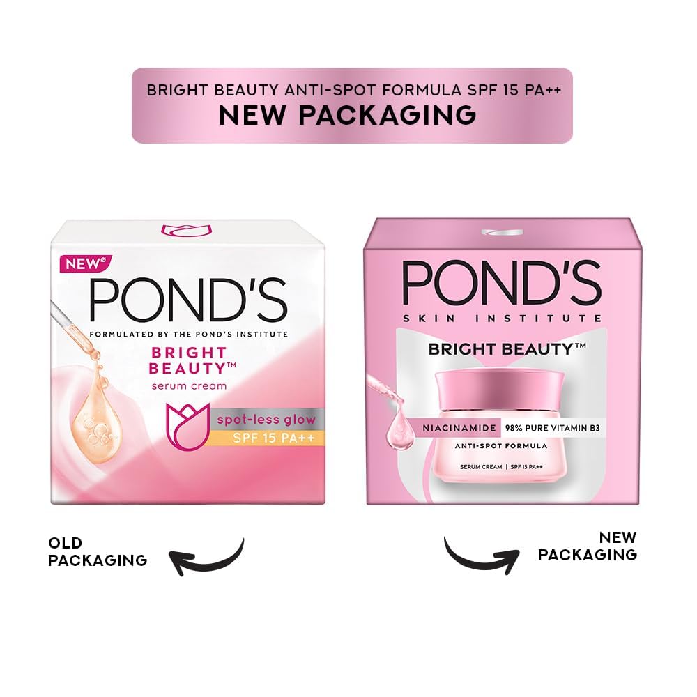 The image showcases a comparison of old and new packaging for Sparkling Fusion's POND'S Bright Beauty Day Cream 24 g, which is a non-oily, mattifying daily face moisturizer with SPF 15. The old packaging is on the left, while the right features a more modern design highlighting its Niacinamide-enriched anti-spot solution for glowing skin.