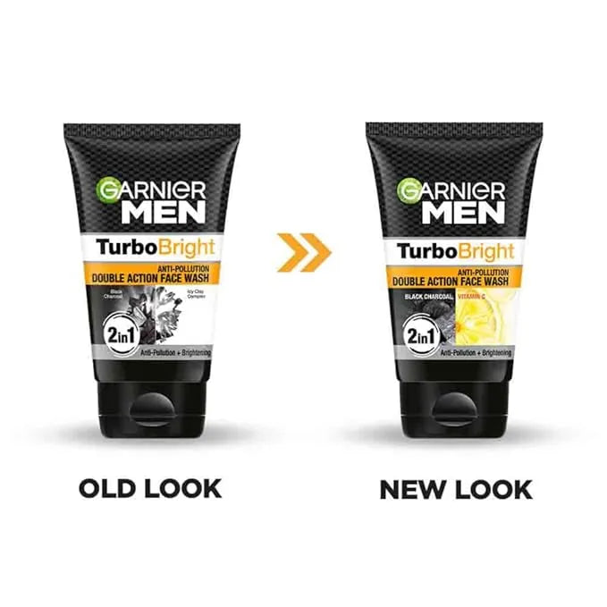 Garnier Men Turbo Bright Double Action Face Wash, Deep Cleansing Anti Pollution Face Wash with Charcoal and Vitamin C, Suitable for all Skin Types, 50g - Sparkling Fusion