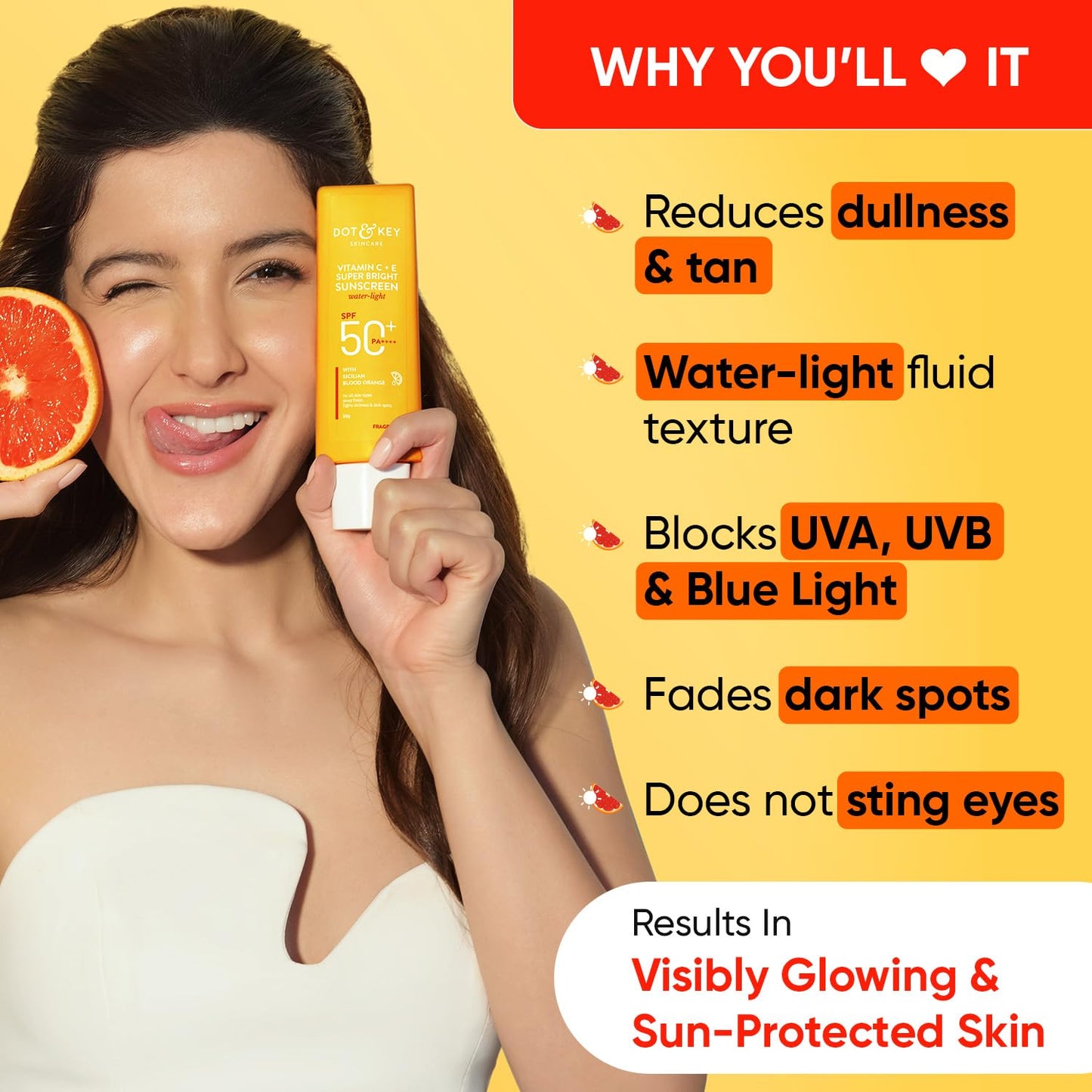 DOT & KEY Vitamin C + E Super Bright Sunscreen Spf 50|Water-Light,UVA/UVB & Blue Light Protection|For Even Toned & Glowing Skin|With Liquid Spf 50+++|No White Cast,|For All Skin Types|50G,Pack Of 1