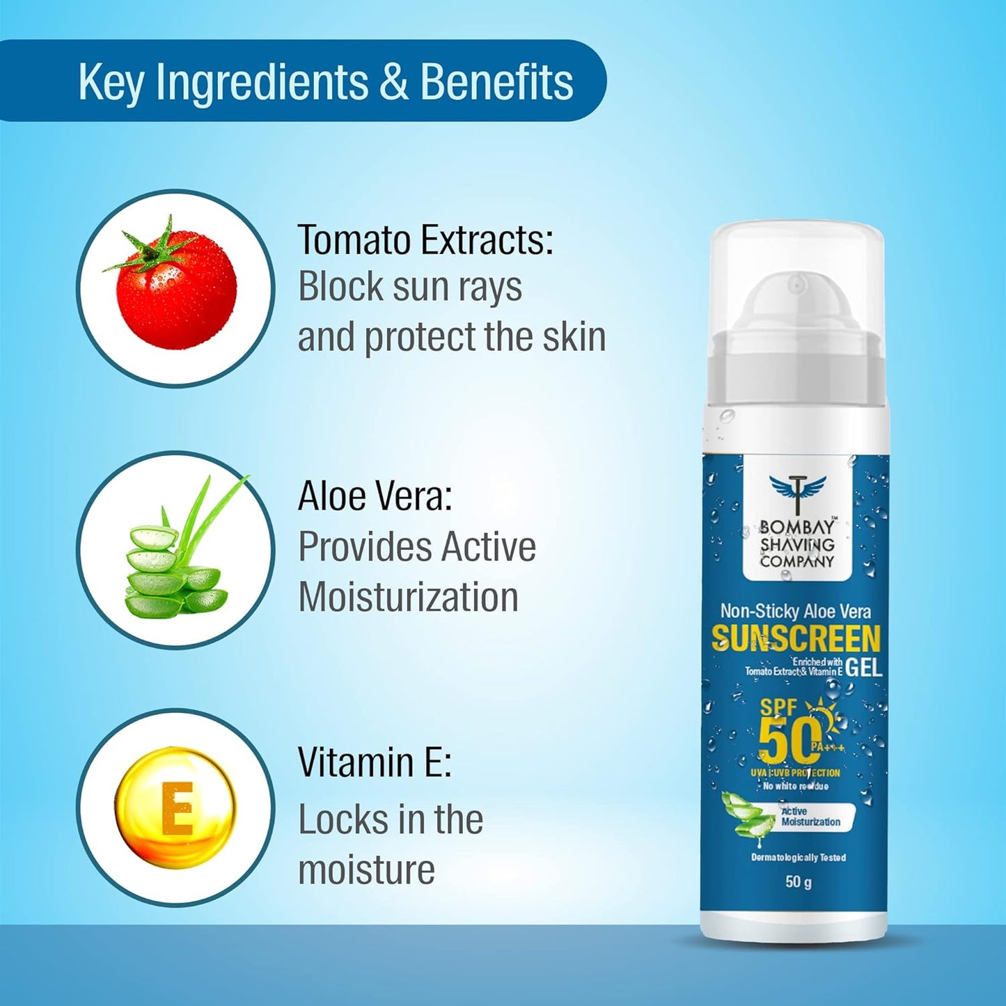 Bombay Shaving Co Non Sticky Aloe Vera Sunscreen Gel SPF 50,for Sun Protection - 50g - Sparkling Fusion