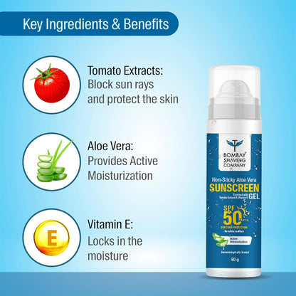 Bombay Shaving Co Non Sticky Aloe Vera Sunscreen Gel SPF 50,for Sun Protection - 50g - Sparkling Fusion