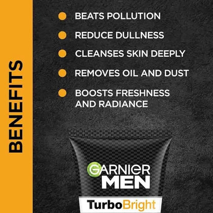 Garnier Men Turbo Bright Double Action Face Wash, Deep Cleansing Anti Pollution Face Wash with Charcoal and Vitamin C, Suitable for all Skin Types, 50g - Sparkling Fusion