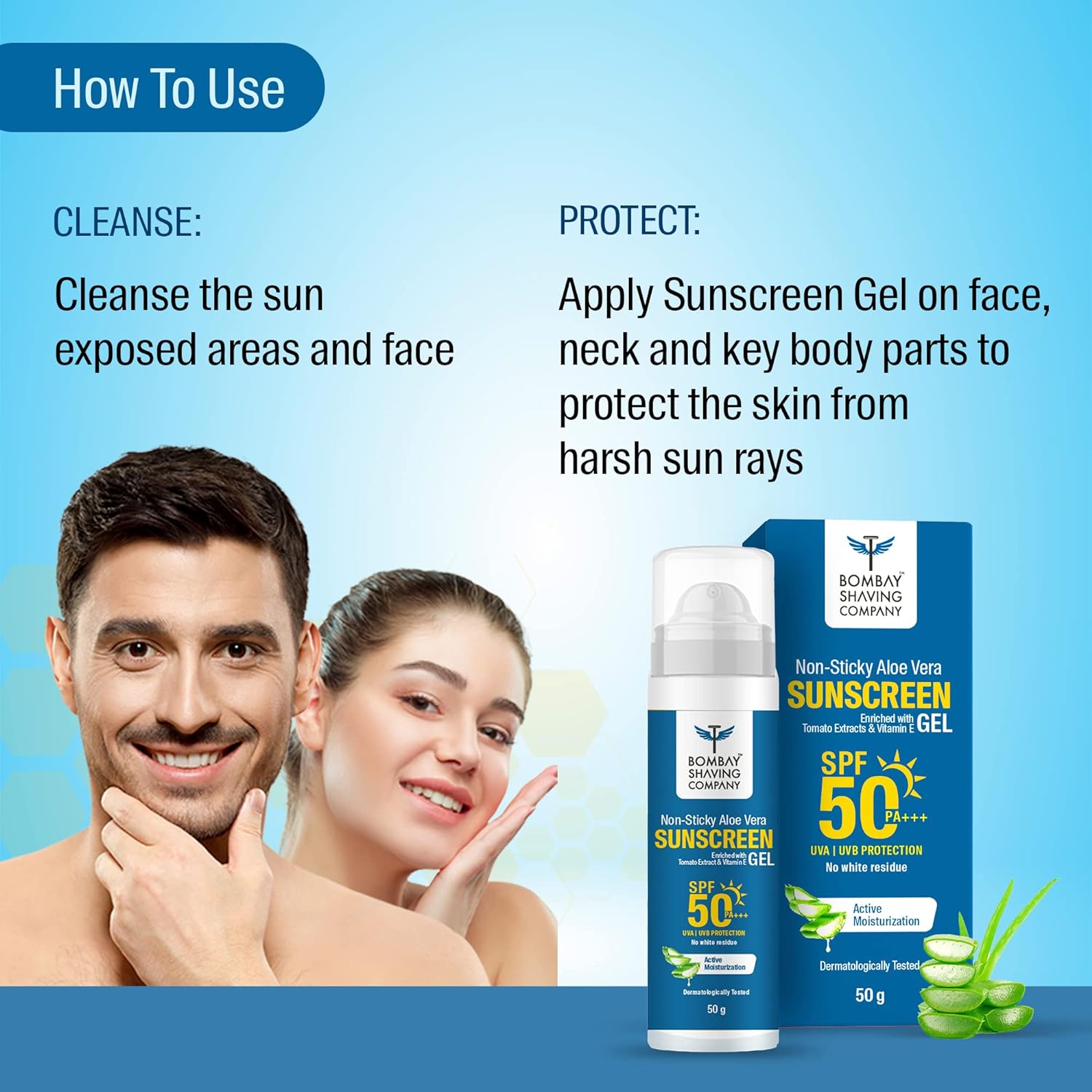 Bombay Shaving Co Non Sticky Aloe Vera Sunscreen Gel SPF 50,for Sun Protection - 50g - Sparkling Fusion