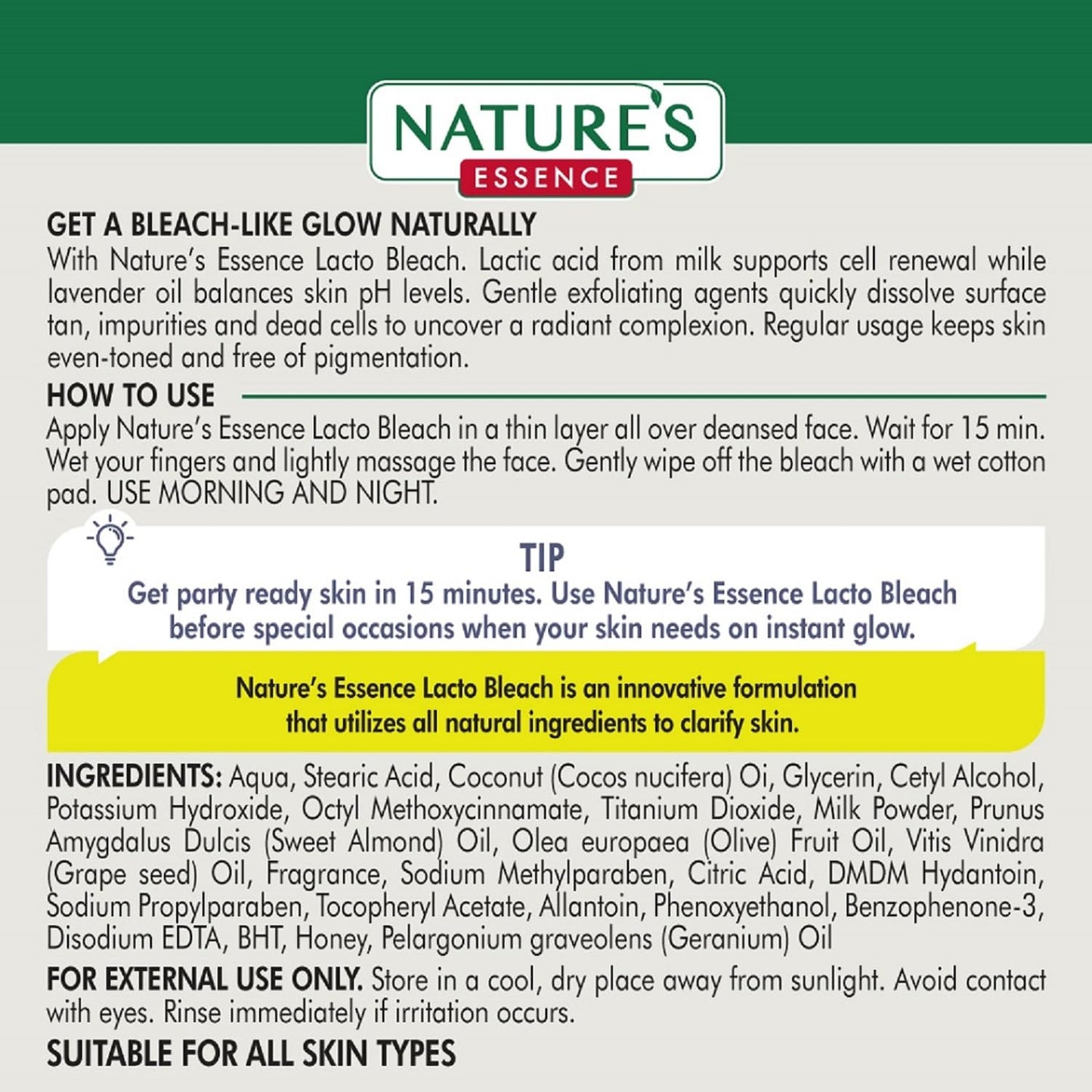 NATURES ESSENCE Lacto Bleach, Natural Milky White Cream, 60g