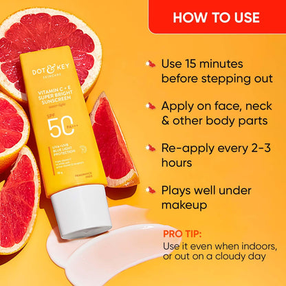 DOT & KEY Vitamin C + E Super Bright Sunscreen Spf 50|Water-Light,UVA/UVB & Blue Light Protection|For Even Toned & Glowing Skin|With Liquid Spf 50+++|No White Cast,|For All Skin Types|50G,Pack Of 1