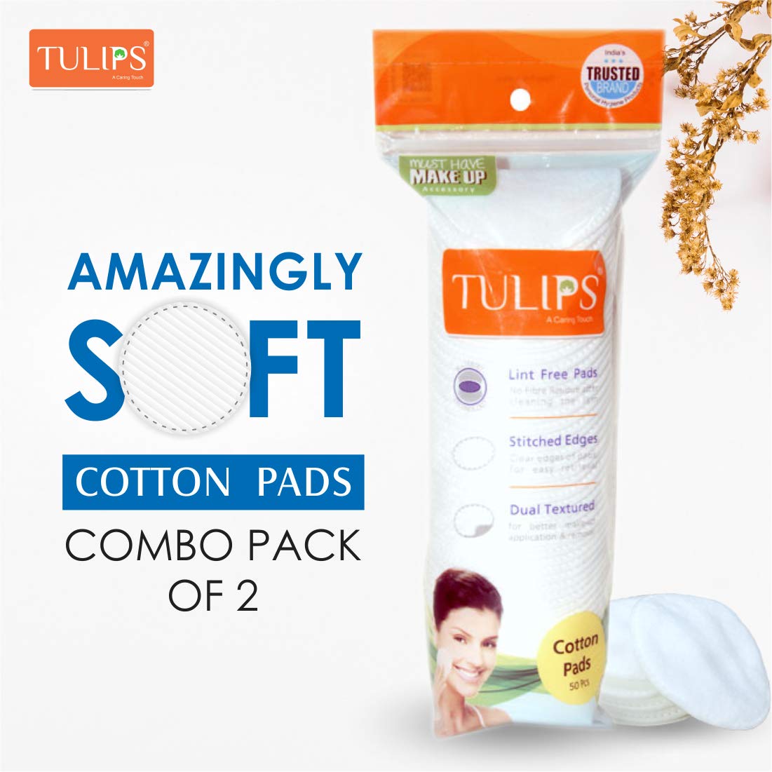 Tulips 50 Round Facial Cotton Pads in a Ziplock Bag ; Made from 100% Pure Soft Cotton, Best for Applying & Removing Makeup, safe for sensitive Skin - Sparkling Fusion